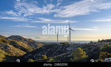 Windpark Baix Ebre und Gebirgszug Cardó - El Boix an einem Wintermorgen (Baix Ebre, Tarragona, Katalonien, Spanien) ESP: Parque eólico del Baix Ebre Stockfoto