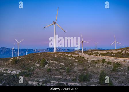 Boix Gebirge und Tortosa - Baix Ebre Windpark bei Sonnenaufgang im Winter (Baix Ebre, Tarragona, Katalonien, Spanien) ESP: Sierra del Boix y parque eólico Stockfoto