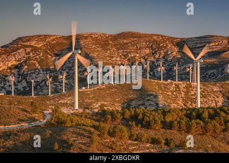 Boix Gebirge und Tortosa - Baix Ebre Windpark bei Sonnenaufgang im Winter (Baix Ebre, Tarragona, Katalonien, Spanien) ESP: Sierra del Boix y parque eólico Stockfoto