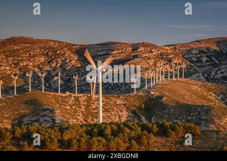 Boix Gebirge und Tortosa - Baix Ebre Windpark bei Sonnenaufgang im Winter (Baix Ebre, Tarragona, Katalonien, Spanien) ESP: Sierra del Boix y parque eólico Stockfoto