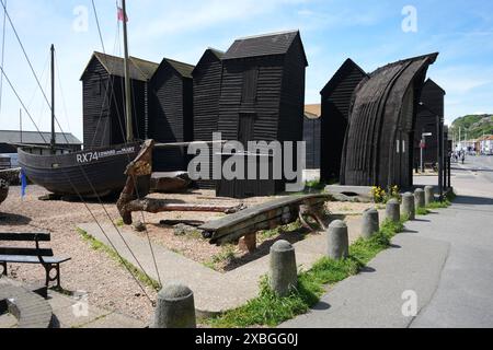 The Net Shops, viktorianische Fischernetzkästen am Meer. Stockfoto