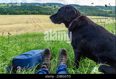 Ein schwarzer labrador-Retriever, der neben seinem Besitzer am Rande eines Feldes sitzt. Die Wanderschuhe des Besitzers und ein Rucksack befinden sich neben dem Hund. Stockfoto