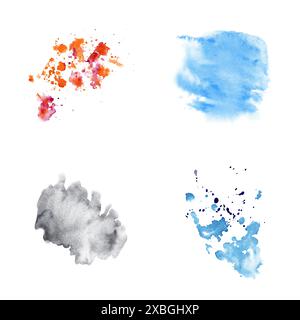 Stilvolles Set mit leuchtenden Farbflecken und Spritzern. Abstrakte, lebendige Farbspritzer. Handgezeichnete Aquarellillustration isoliert auf weißem Hintergrund. Für Kunst Stockfoto
