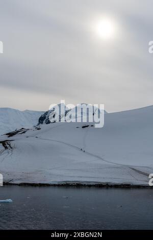 Danco Island, Antarktische Halbinsel - 31. Januar 2024. Crew-Mitglieder des atarktischen Explorationsschiffs Ocean Adventurer erkunden einen möglichen Landeplatz in der Nähe der Gentoo-Pinguinkolonie auf Danco Island. Stockfoto