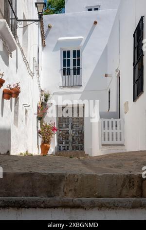 Eine traditionelle Kopfsteinpflasterstraße, gesäumt von weiß getünchten Häusern, mit einer alten Holztür im Hintergrund. Hier ist Vejer de la Frontera, Spanien. Stockfoto