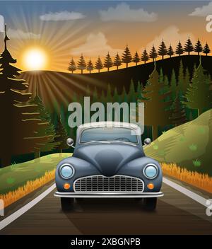 Landschaft Asphalt Autostraße in der Natur zwischen Bergen Hügeln und Bäumen Stock Vektor Illustration Stock Vektor