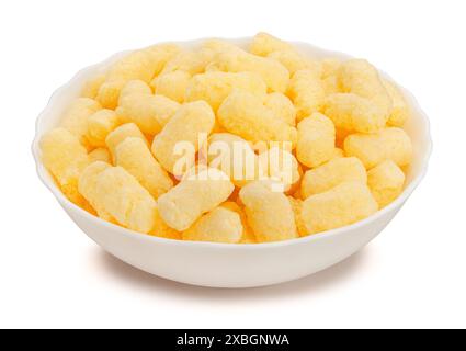 Maisstäbchen, Schüsselpfad isoliert auf weiß Stockfoto