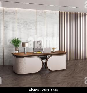 3D-Rendering des Management Desk Sets   Manager Desk mit Sitland Body Executive Chair und Macbook Pro 16 Stockfoto