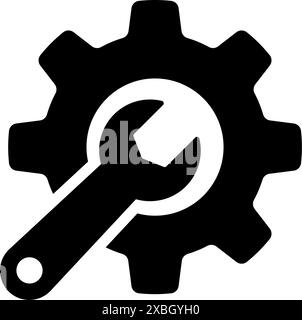Schwarzes Vektorsymbol eines Zahnrads und Schraubenschlüssels, das Einstellungen oder Reparaturen symbolisiert. Stock Vektor