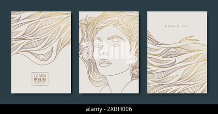 Vektorsatz von Frauen Linie Art Abdeckungen, goldene Schönheit Design Porträt mit Blättern. Damenmode-Illustration, japanisches Muster. Stock Vektor