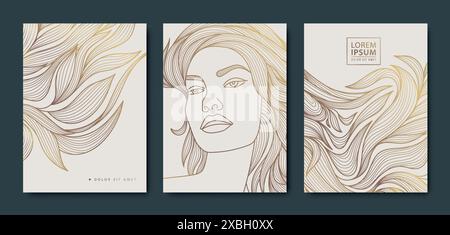 Vektorsatz von Frauen Linie Art Abdeckungen, goldene Schönheit Design Porträt mit Blättern. Damenmode-Illustration, japanisches Muster. Stock Vektor