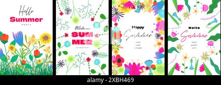 Hello Sommer-Poster-Set mit abstrakten Zeichenblumen. Handgezeichnete Plakatkollektion mit Floral Art. Botanische Elemente auf der Sommerferienabdeckung. Banner mit Blüten. Pflanzliche Pflanzen Postkarte Stock Vektor