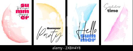 Hello Sommer-Poster-Vorlage mit abstrakter Aquarellzeichnung Blume. Handgezeichnetes Plakat mit Blumenmalerei. Botanischer Pinselüberzug. Sommer blüht Banner. Pflanzliche Pflanzenvektorpostkarte Stock Vektor