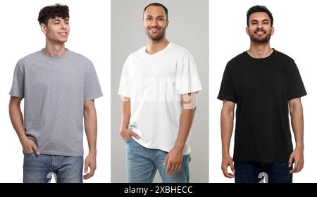 Männer in T-Shirts mit verschiedenfarbigem Hintergrund. Collage von Fotos Stockfoto