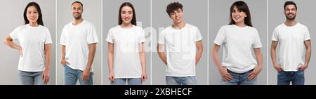 Frauen und Männer in weißen T-Shirts auf grauem Hintergrund. Collage von Fotos Stockfoto