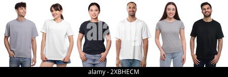 Frauen und Männer in verschiedenen T-Shirts auf weißem Hintergrund Stockfoto