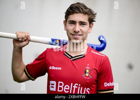 Thibeau Stockbroekx aus Belgien wurde während einer Pressekonferenz vorgestellt, um die Auswahl der belgischen Nationalmannschaft Red Lions für die kommenden 2024 FIH Pro League-Spiele der Männer und für die Olympischen Spiele 2024 in Paris am Mittwoch, den 12. Juni 2024, in Antwerpen vorzustellen. BELGA FOTO DIRK WAEM Stockfoto