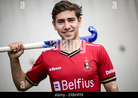 Thibeau Stockbroekx aus Belgien wurde während einer Pressekonferenz vorgestellt, um die Auswahl der belgischen Nationalmannschaft Red Lions für die kommenden 2024 FIH Pro League-Spiele der Männer und für die Olympischen Spiele 2024 in Paris am Mittwoch, den 12. Juni 2024, in Antwerpen vorzustellen. BELGA FOTO DIRK WAEM Stockfoto