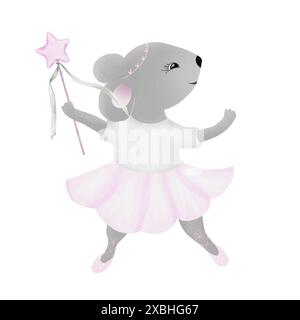 Aquarellzeichnung einer Mäuseballerina im rosa Rock. Niedliche tanzende Maus Clipart lokalisiert auf weißem Hintergrund Karikaturillustration. Ideal für Stockfoto