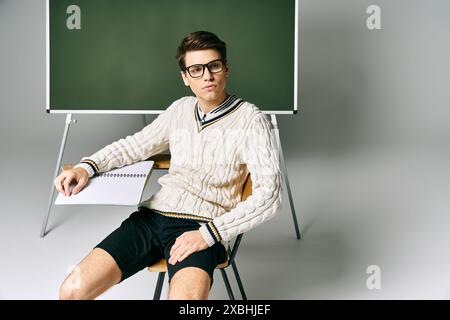 Ein junger Mann in Uniform sitzt auf dem Stuhl vor der grünen Tafel Stockfoto