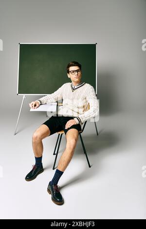 Ein hübscher Student in Uniform sitzt auf einem Stuhl neben einer grünen Tafel. Stockfoto