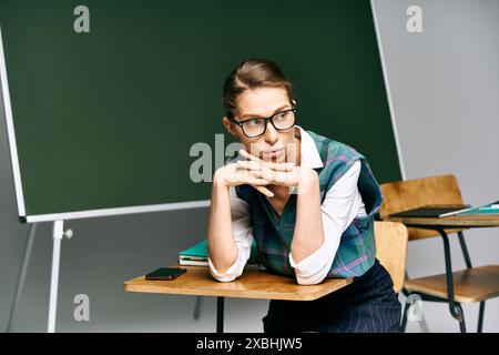 Studentin in Brille, sitzt am Schreibtisch, lernt vor einer Tafel. Stockfoto