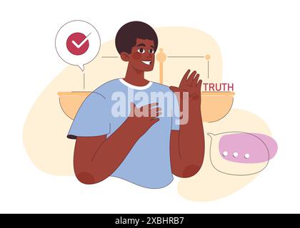 Authentizität. Emotionale Transparenz und Aufrichtigkeit in der Kommunikation. Der schwarze Erwachsene Mann verspricht, die Wahrheit mit der Hand über dem Herzen zu sagen und die Hand zu erheben, um ehrlich zu sein. Illustration des flachen Vektors Stock Vektor