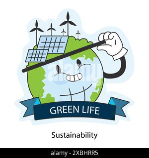 Veganer Welttag. Nachhaltiges Leben. Smiley Planet mit Comic Gesicht. Grausamkeitsfreie pflanzliche Ernährung mit Ernährung und Vitaminen. Illustration des flachen Vektors Stock Vektor