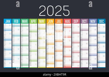 Jahr 2025 farbenfroher Wandkalender auf dunklem Hintergrund, englische Sprache, Vektorvorlage Stock Vektor