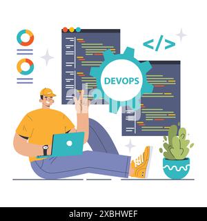 DevOps. Software-Entwicklungsmethodik. Softwareentwicklung und IT-Betriebszyklus, Programmierung und Integration und Automatisierung von IT-Services. Illustration des flachen Vektors Stock Vektor