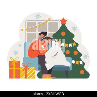Weihnachtsfeier. Fröhliche Familienmitglieder, Paare kuscheln sich an festlicher Nacht auf der Couch. Menschen verbringen Zeit zusammen in den Winterferien. Festliche Tradition. Illustration des flachen Vektors Stock Vektor