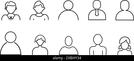 Gruppe von Gliederungssymbolen, die sich auf Avatare für die Benutzeroberfläche beziehen. Lineare Symbolsammlung. Bearbeitbare Kontur. Stock Vektor