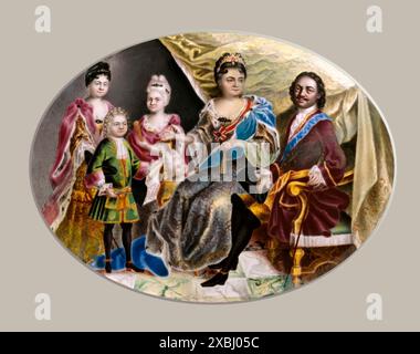 Porträt-Medaillon von Peter dem Großen und Familie, von Grigorii Semenowitsch Musikiiskii, um 1720, digital optimiert Stockfoto