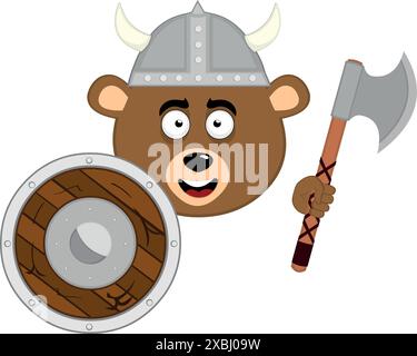 Vektor-Illustration Gesicht brauner Bär Grizzly Cartoon mit einem Helm mit Hörnern, einem Schild und einer wikingeraxt Stock Vektor