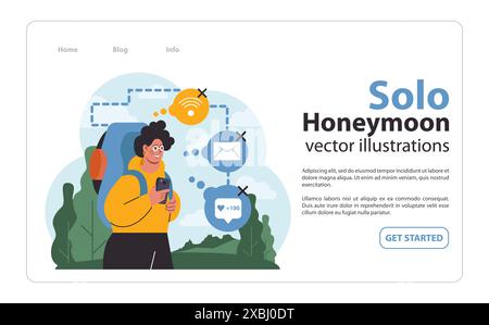 Alleinreisen, Flitterwochen-Webbanner oder Landing-Page. Charakter, der mit Rucksack reist. Entspannung im Freien, Urlaubsaktivität. Abenteuerlicher Lebensstil, Reisende erkunden die Natur. Stock Vektor