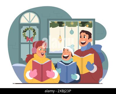 Weihnachtsfeier. Fröhliche Familienmitglieder tragen warme Outwear-Weihnachtslieder oder singen Weihnachtslieder. Mutter, Vater und Sohn haben Textbücher. Illustration des flachen Vektors Stock Vektor