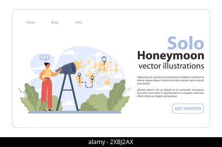 Alleinreisen, Flitterwochen-Webbanner oder Landing-Page. Weibliche Figur, die allein unterwegs ist. Frau im Freien Entspannung, Urlaubsaktivität. Reisende, die die Natur selbst erkunden. Illustration des flachen Vektors Stock Vektor