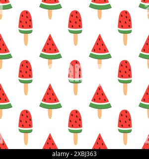 Nahtloses Muster. Eis Wassermelone am Stab. Sommer Zeit Süßspeisen Hintergrund. Illustration der Vektorabwicklung. Stock Vektor
