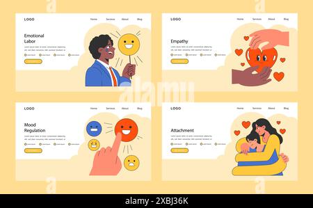 Webbanner oder Zielseiten für emotionale Intelligenz. Emotionsausdruck und Stimmungsregulierungsfähigkeit. Tiefes Verständnis von Emotionen und Einfühlungsvermögen. Illustration des flachen Vektors Stock Vektor