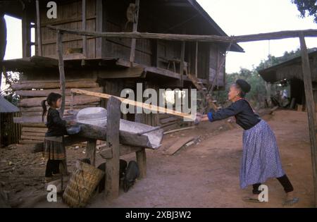 PA Kludy Village, Hmong-Bergstamm, im abgelegenen Norden Thailands. Eine ältere Hmong-Frau mahlt Getreide - mahlt Mais, mit Hilfe eines Teenager-Mädchens. Traditionelles Holzgehäuse mit Ablagebereichen unter der Wohnunterkunft. Südostasien 1995. 1990er Jahre HOMER SYKES Stockfoto