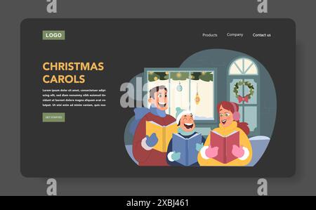 Webbanner oder Landingpage für Weihnachtsfeiern im Dunkelmodus oder Nachtmodus. Familie von Mutter, Vater und Sohn, die warme Kleidung tragen oder Weihnachtslieder singen. Illustration des flachen Vektors Stock Vektor