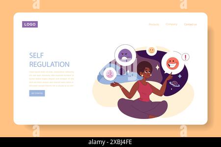 Webbanner oder Landing-Page zur emotionalen Selbstregulierung. Eine junge schwarze Frau, die sich ihrer Gefühle bewusst ist. Tiefes Verständnis und Akzeptanz der eigenen Persönlichkeit. Achtsamkeit und Selbstbewusstsein. Stock Vektor
