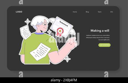 Webbanner oder Landing-Page für Meilensteine im Seniorenleben. Alt werden und Reifen. Pensionierter Mann, der ein Testament macht. Ein alter Charakter schreibt ein Testament. Eigenschaft, in der Papier übertragen wird. Illustration des flachen Vektors. Stock Vektor