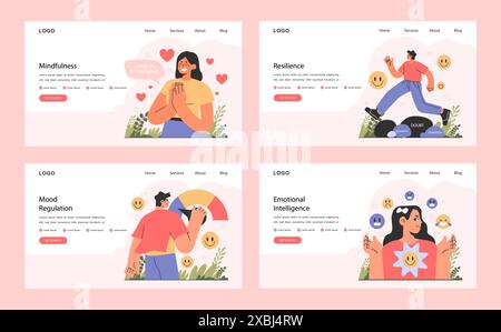 Webbanner oder Zielseiten für emotionale Intelligenz. Emotionsausdruck und Stimmungsregulierungsfähigkeit. Tiefes Verständnis von Emotionen und Einfühlungsvermögen. Illustration des flachen Vektors Stock Vektor