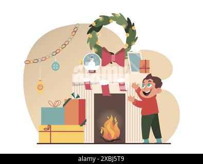 Weihnachtsfeier. Glücklicher Junge am Kamin, dekoriert für Weihnachten. Kinder, die weihnachtsstrümpfe überprüfen. Familie, die Zeit zusammen in den Winterferien verbringt. Illustration des flachen Vektors Stock Vektor