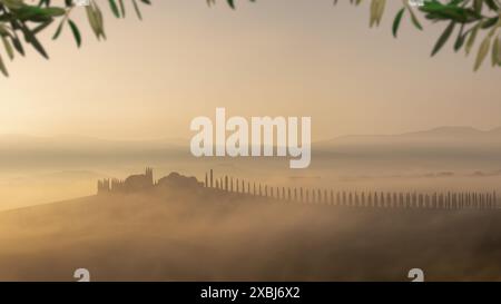 Blick auf den Bauernhof Poggio Covili in der Toskana, Italien bei Sonnenaufgang Stockfoto