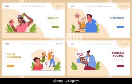 Webbanner oder Landing-Page-Set für kognitive Fähigkeiten. Menschliche kognitive Funktion, Fähigkeit oder Fähigkeit, Daten zu verarbeiten. Intellekt-Entwicklung. Lernfähigkeit, Gedächtnis und Aufmerksamkeit. Illustration des flachen Vektors Stock Vektor