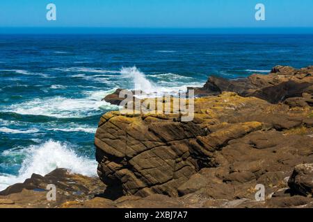 Wellen brechen über Felsen in der Sonne, Oregon Coast, Boiler Bay, USA Stockfoto