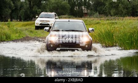 Schwarzer Truck, der einen Fluss durchquert, plash streut in alle Richtungen. Mitsubishi L200 überquert einen flachen Teich, der von Scirpus-Pflanzen und hohem Gras umgeben ist. Stockfoto