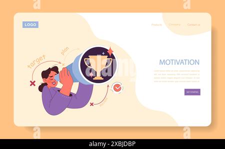 Motivation Web-Banner oder Landing-Page. Eine junge, selbstbewusste Frau, die ein Spyglass hält. Die Beharrlichkeit des ehrgeizigen Charakters auf dem Weg zu einem Ziel. Erfolg und inspirierender Fortschritt. Illustration des flachen Vektors Stock Vektor